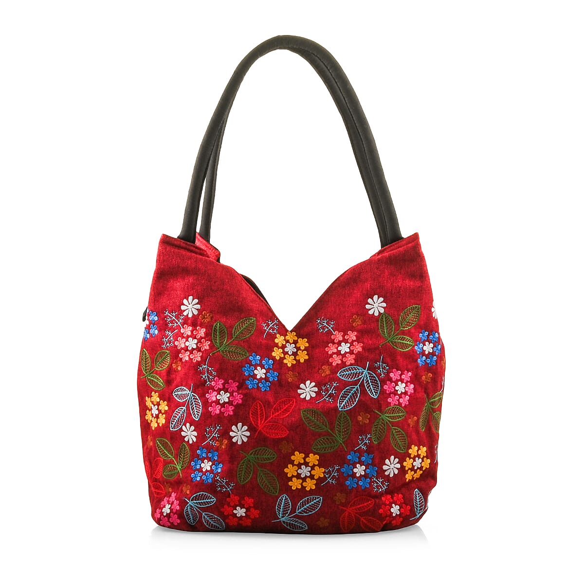 Red Floral Embroidery Polyester Tote Bag image number 0