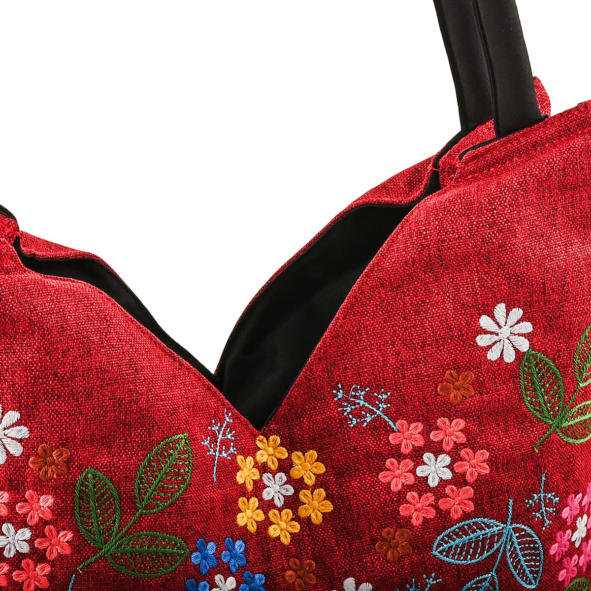 Red Floral Embroidery Polyester Tote Bag image number 4