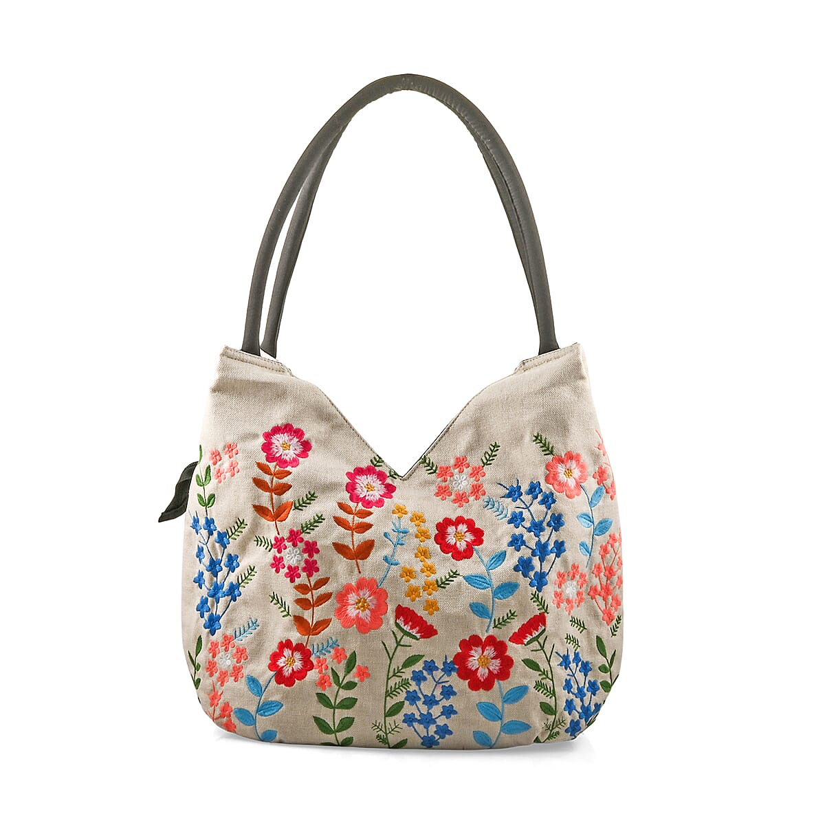 White Floral Embroidery Polyester Tote Bag image number 0