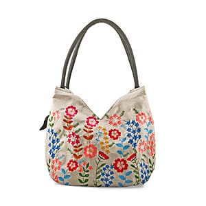 White Floral Embroidery Polyester Tote Bag