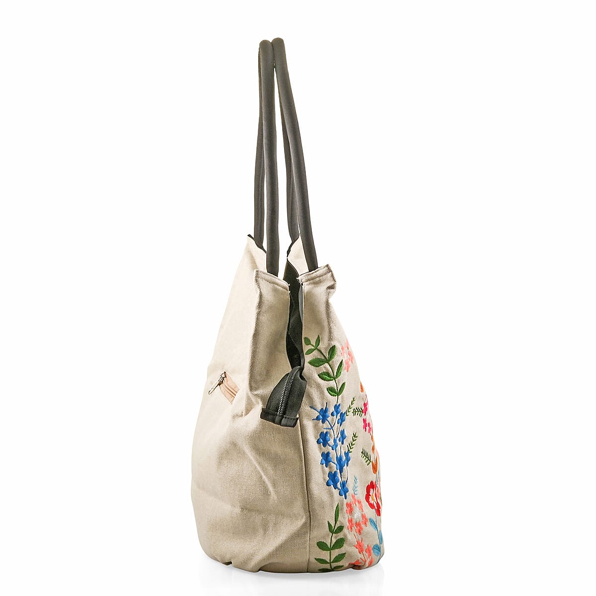 White Floral Embroidery Polyester Tote Bag image number 1