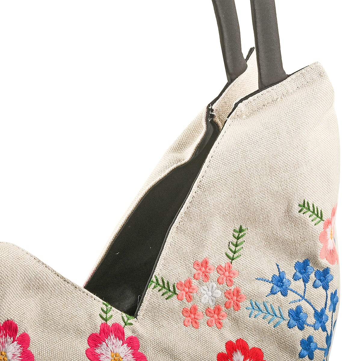 White Floral Embroidery Polyester Tote Bag image number 6