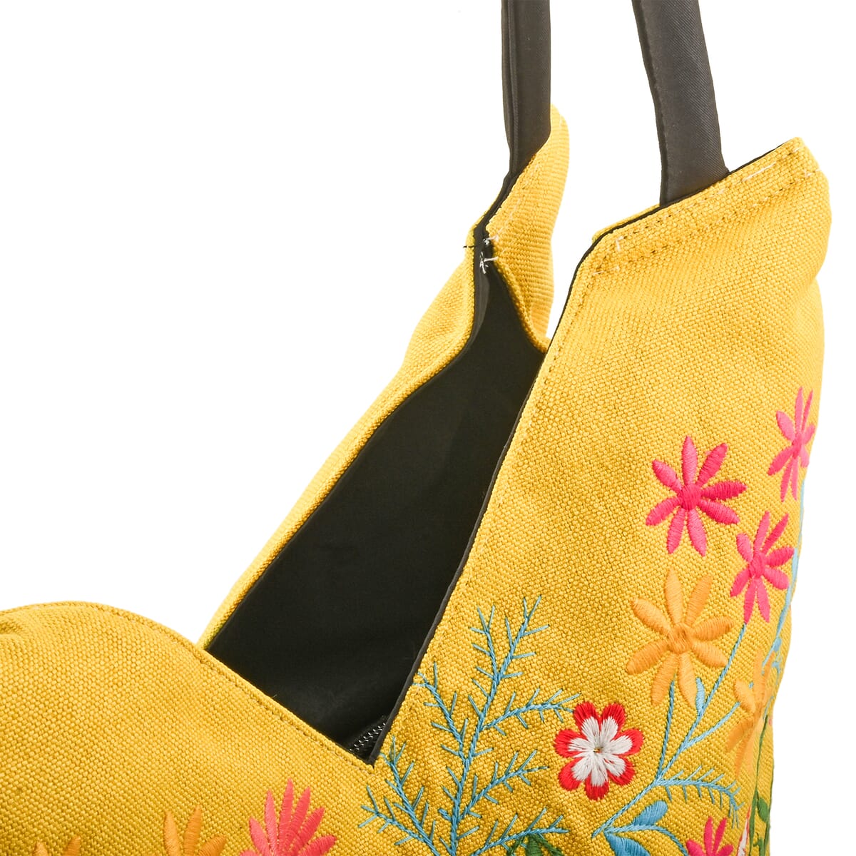 Yellow Floral Embroidery 100% Polyester Tote Bag - One Size image number 6