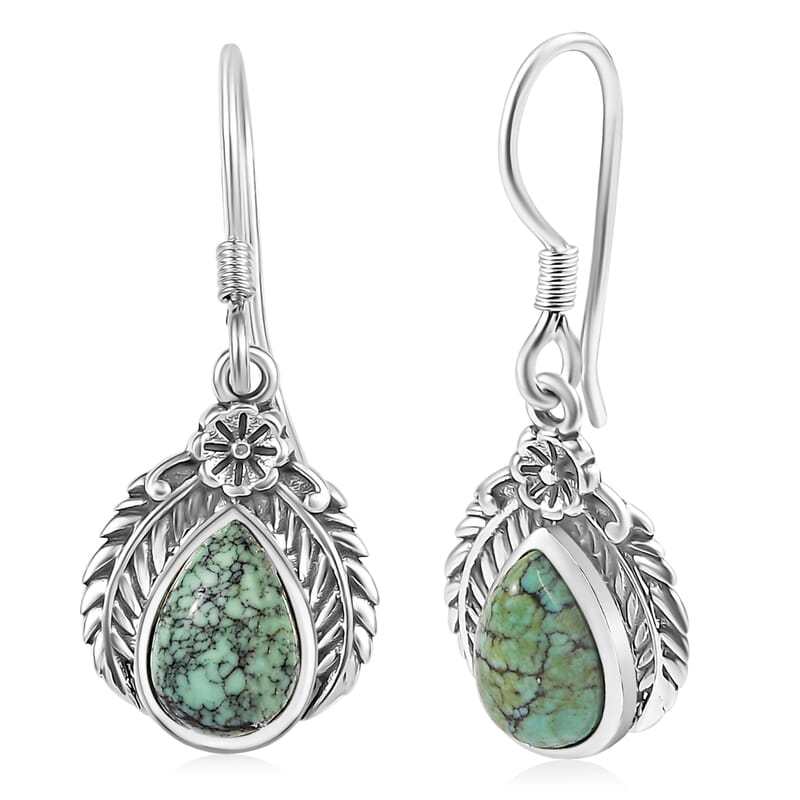 D'Joy Artisan Crafted Blue Moon Turquoise 3.30 ctw Floral Earrings in in Black Oxidized Sterling Silver