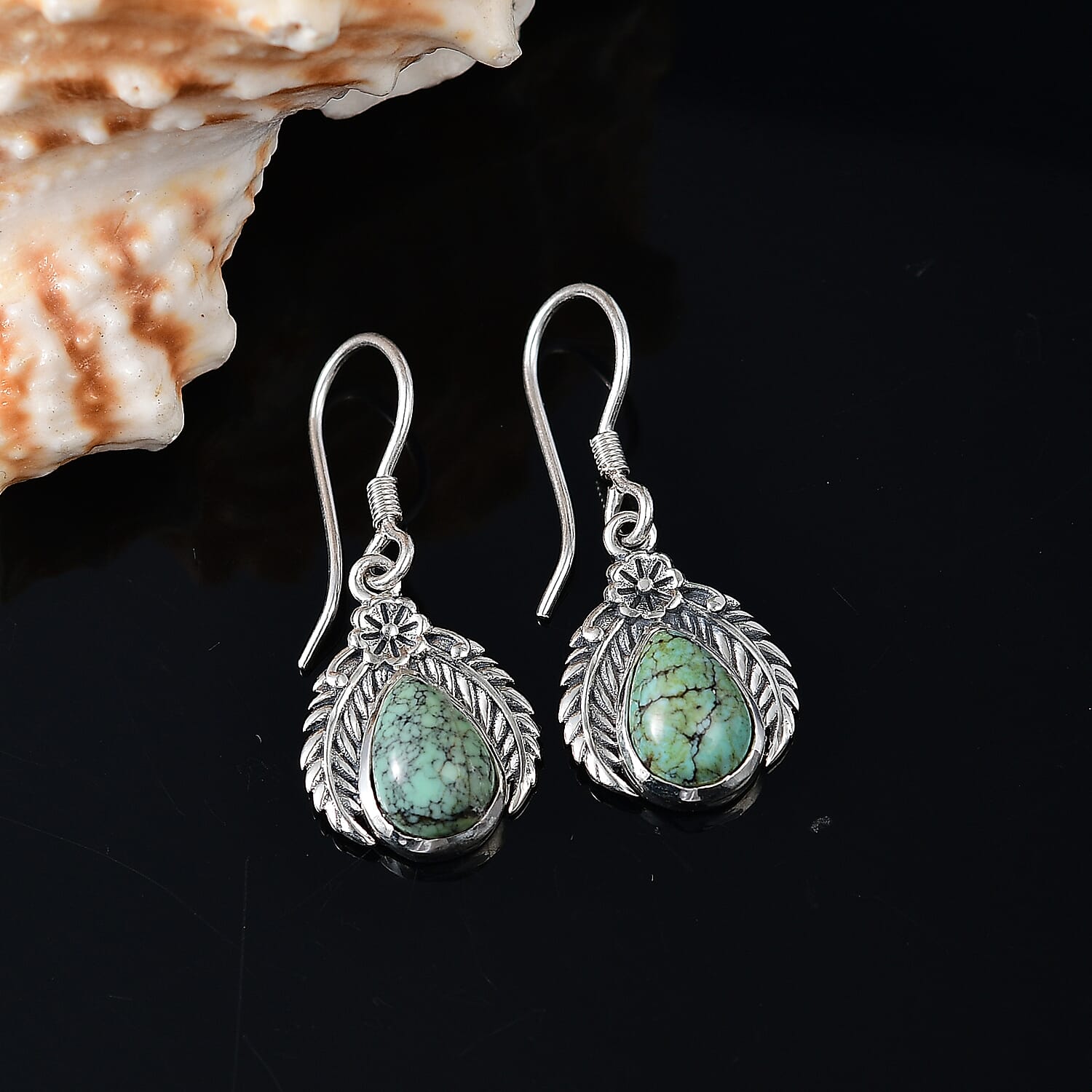 D'Joy Artisan Crafted Blue Moon Turquoise 3.30 ctw Floral Earrings in in Black Oxidized Sterling Silver