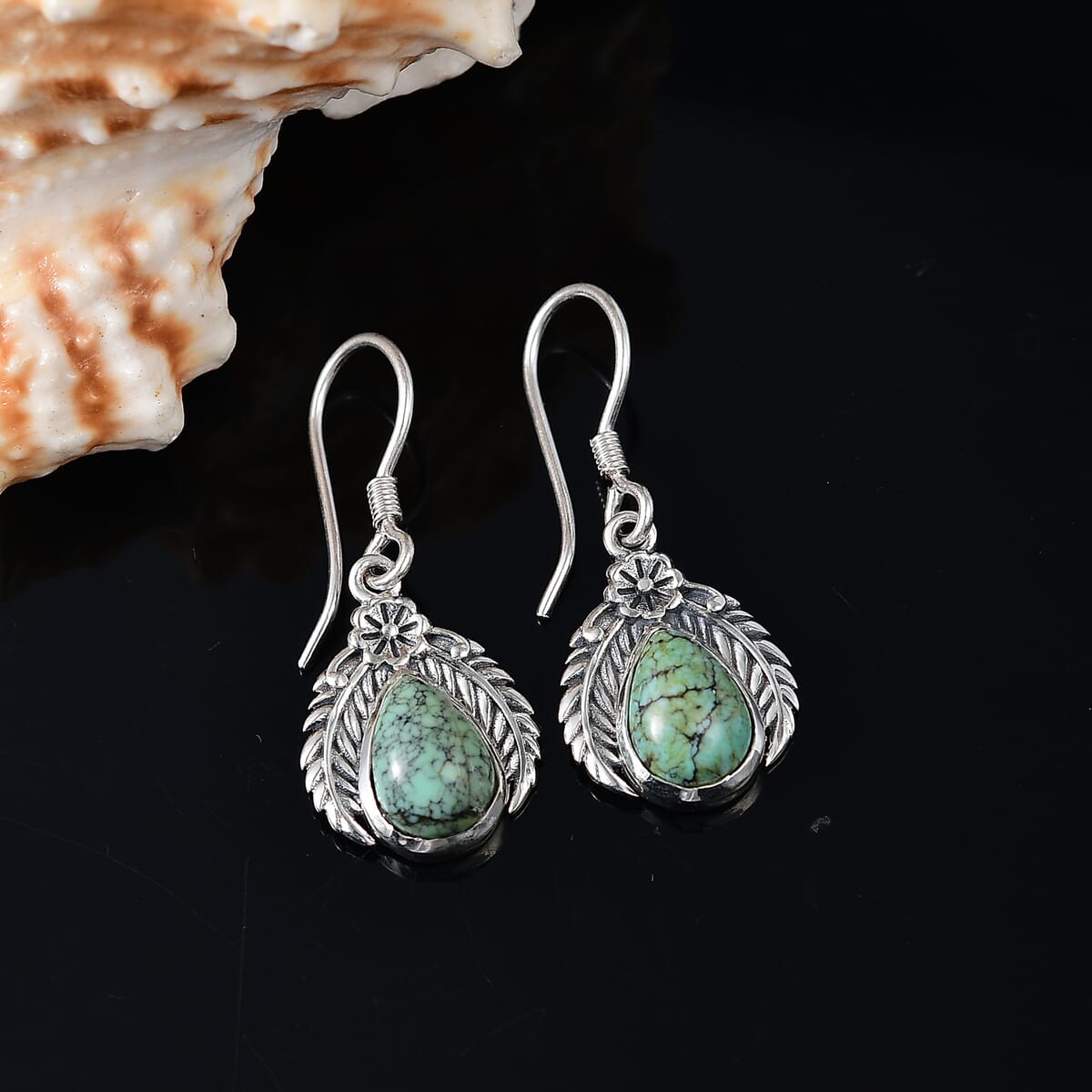 D'Joy Artisan Crafted Blue Moon Turquoise 3.30 ctw Floral Earrings in in Black Oxidized Sterling Silver image number 1