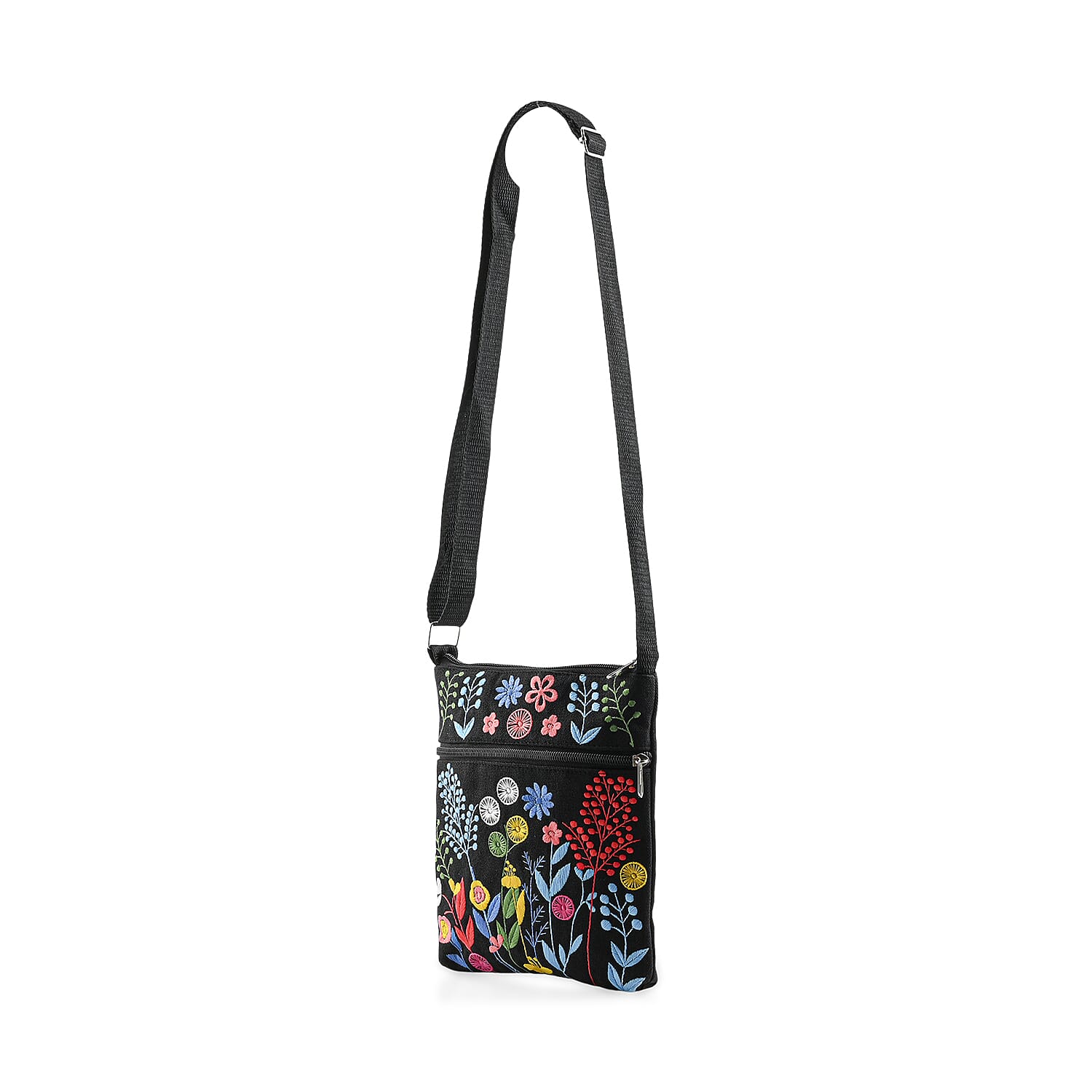 Black Floral Embroidery Pattern Mini Shoulder Bag with Shoulder Strap