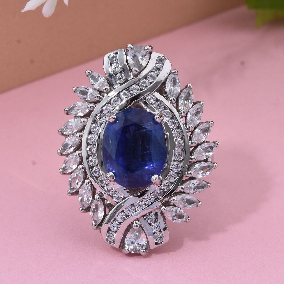 Kashmir Kyanite and White Zircon 7.75 ctw Ring in Rhodium Over Sterling Silver (Size 8.0) image number 1