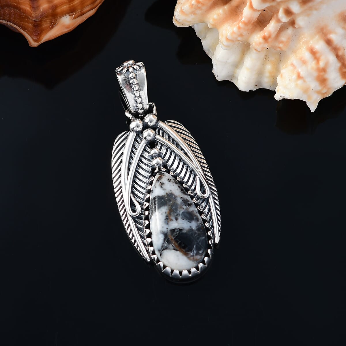 D'Joy Artisan Crafted White Buffalo 8.70 ctw Feather Pendant without Chain in Sterling Silver image number 1