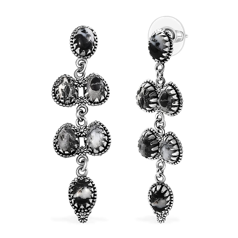 D'Joy Artisan Crafted White Buffalo 9.35 ctw Native American and Southwestern Dangling Earrings in Black Oxidized Sterling Silver