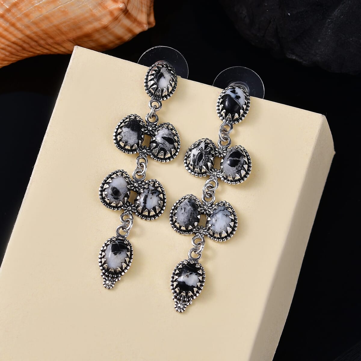 D'Joy Artisan Crafted White Buffalo 9.35 ctw Native American and Southwestern Dangling Earrings in Black Oxidized Sterling Silver image number 1