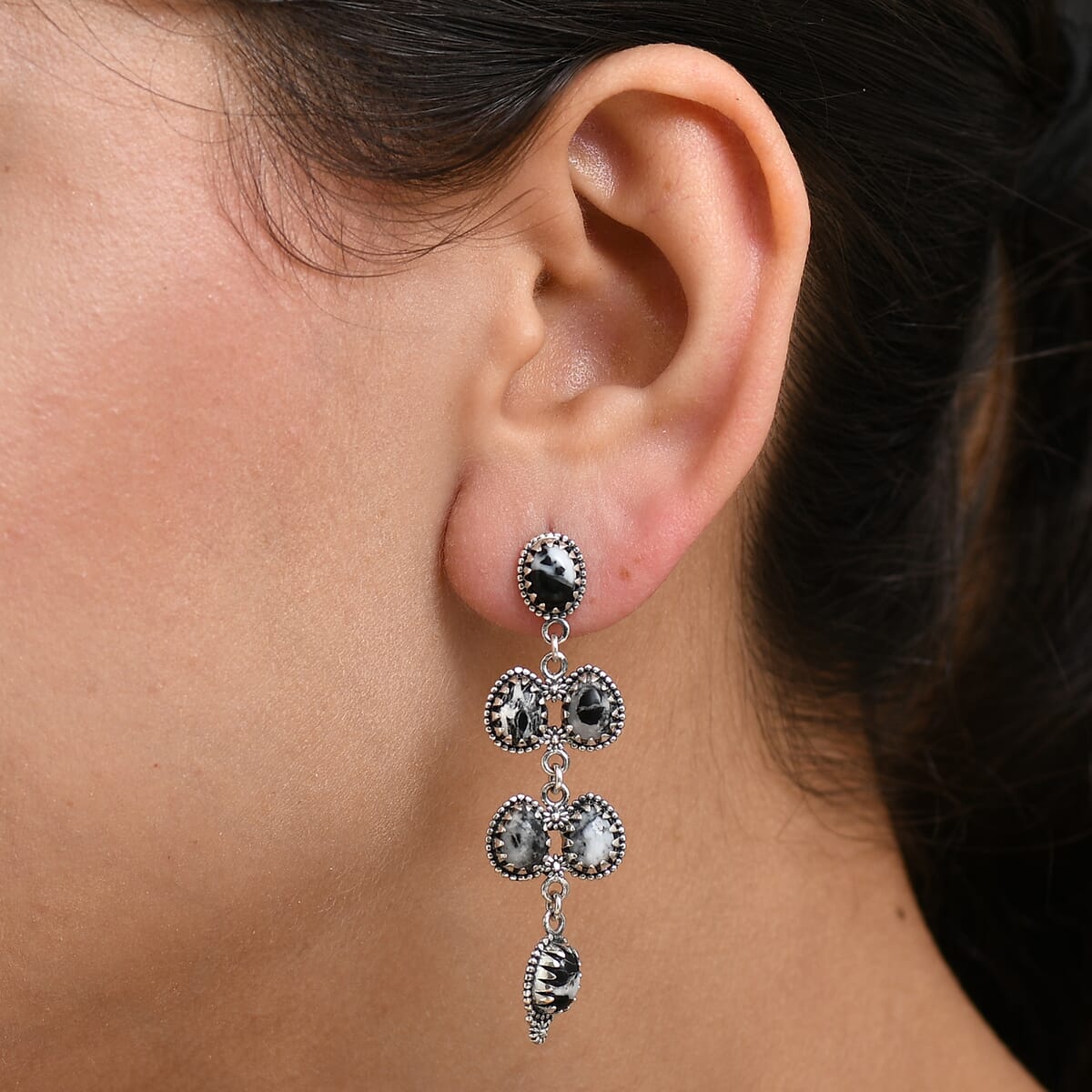 D'Joy Artisan Crafted White Buffalo 9.35 ctw Native American and Southwestern Dangling Earrings in Black Oxidized Sterling Silver image number 2