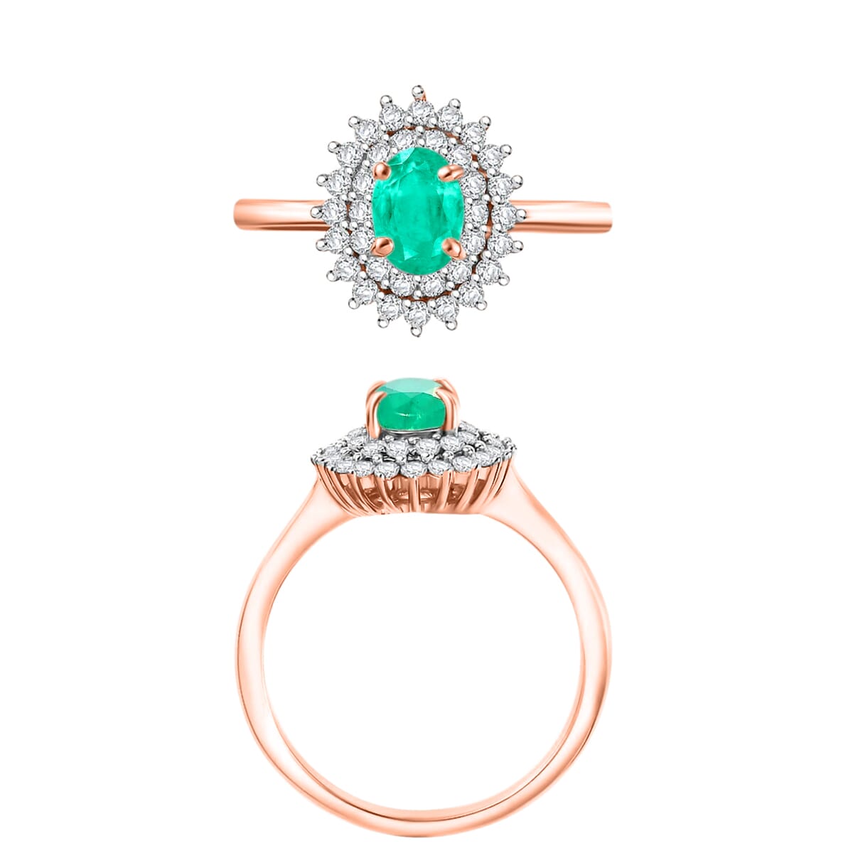 Kagem Zambian Emerald and Diamond Sunburst Ring in 18K Vermeil Rose Gold Over Sterling Silver (Size 10.0) 1.30 ctw image number 3