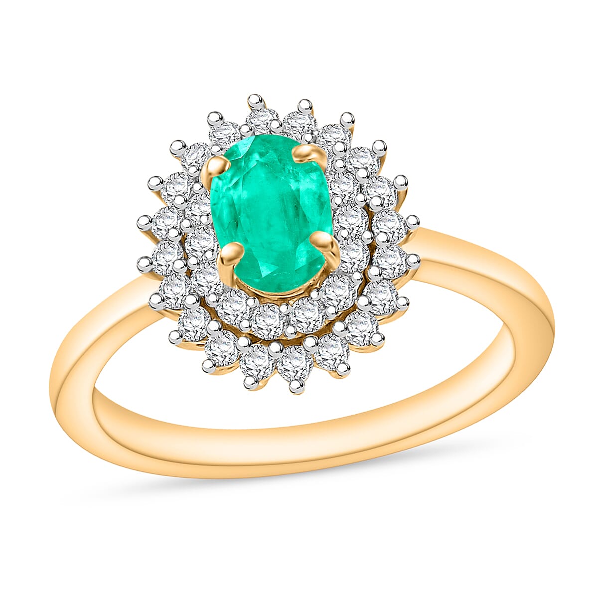 D'Joy Kagem Zambian Emerald and Diamond 1.30 ctw Sunburst Ring in 18K Vermeil Yellow Gold Over Sterling Silver (Size 10.0) image number 0