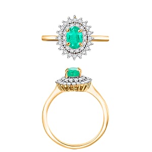 D'Joy Kagem Zambian Emerald and Diamond 1.30 ctw Sunburst Ring in 18K Vermeil Yellow Gold Over Sterling Silver (Size 10.0)