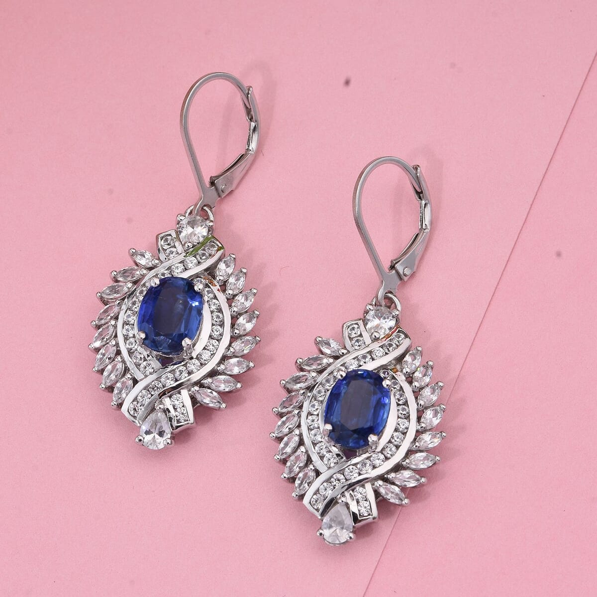 Kashmir Kyanite and White Zircon 6.60 ctw Earrings in Rhodium Over Sterling Silver image number 1