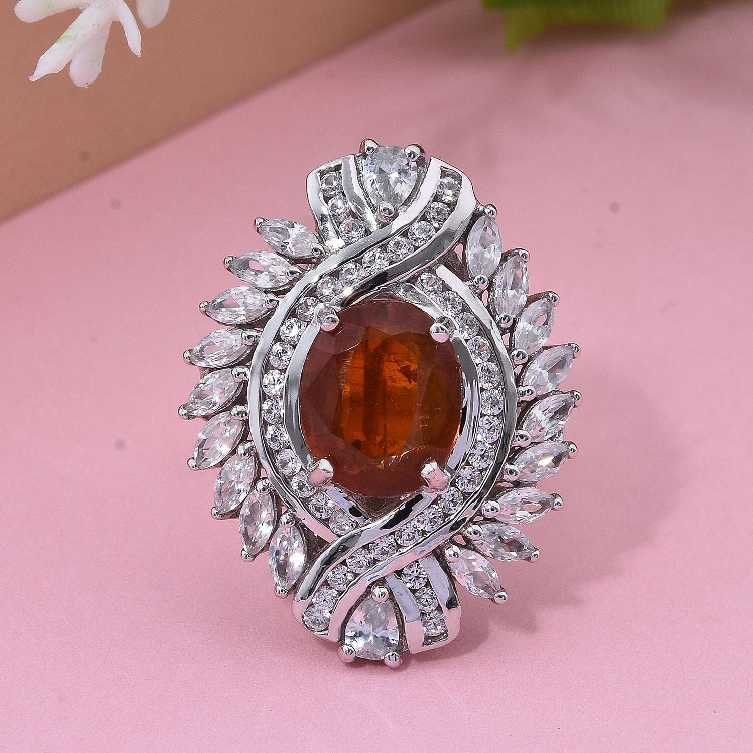 D'Joy Tangerine Kyanite and White Zircon 7.75 ctw Twilight Crest Ring in Rhodium Over Sterling Silver (Size 10.0)