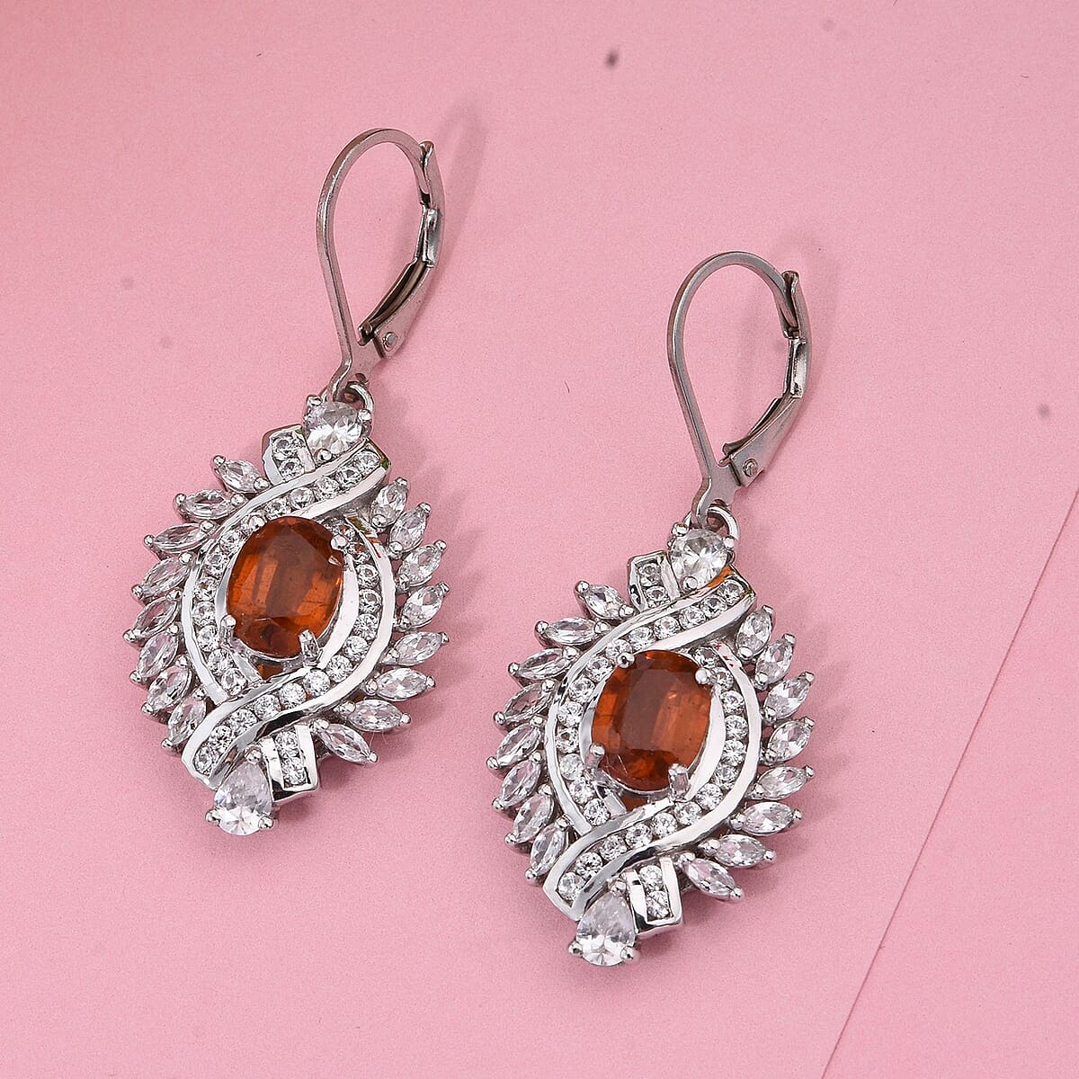 D'Joy Tangerine Kyanite and White Zircon 6.60 ctw Twilight Crest Earrings in Rhodium Over Sterling Silver image number 1
