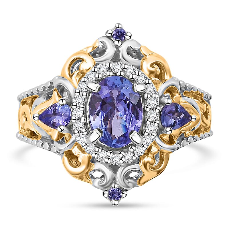 D'Joy Tanzanite and White Zircon 1.85 ctw Blooming Lotus Ring in Vermeil YG and Rhodium Over Sterling Silver (Size 10.0)