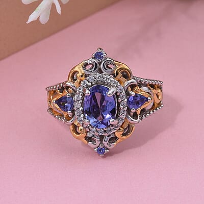 D'Joy Tanzanite and White Zircon 1.85 ctw Blooming Lotus Ring in Vermeil YG and Rhodium Over Sterling Silver (Size 10.0)