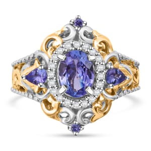 D'Joy Tanzanite and White Zircon 1.85 ctw Ring in Vermeil YG and Rhodium Over Sterling Silver (Size 8.0)