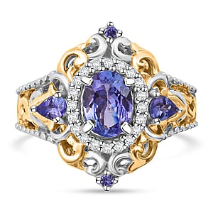 D'Joy Tanzanite and White Zircon 1.85 ctw Blooming Lotus Ring in Vermeil YG and Rhodium Over Sterling Silver (Size 9.0)
