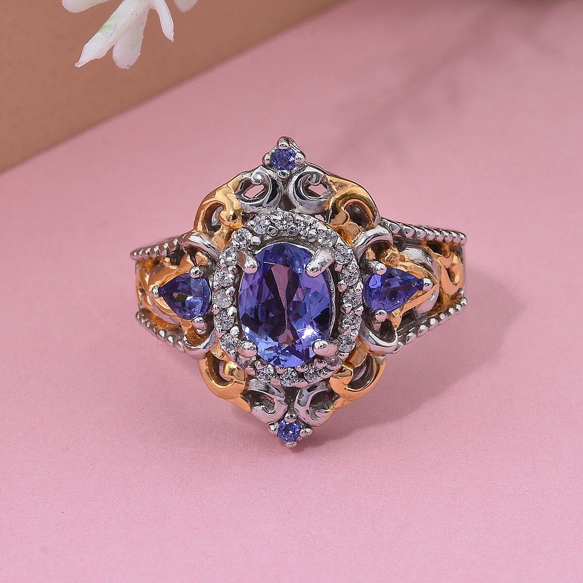 D'Joy Tanzanite and White Zircon 1.85 ctw Blooming Lotus Ring in Vermeil YG and Rhodium Over Sterling Silver (Size 9.0) image number 1