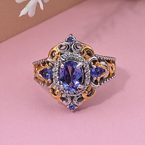 D'Joy Tanzanite and White Zircon 1.85 ctw Blooming Lotus Ring in Vermeil YG and Rhodium Over Sterling Silver (Size 9.0)
