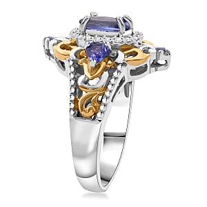 D'Joy Tanzanite and White Zircon 1.85 ctw Blooming Lotus Ring in Vermeil YG and Rhodium Over Sterling Silver (Size 9.0)