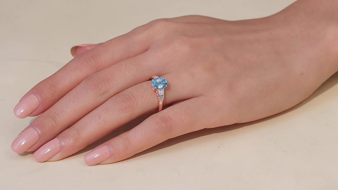 Cambodian Blue Zircon and White Zircon 3.46 ctw Ring in 18K Vermeil Rose Gold Over Sterling Silver (Size 10.0)