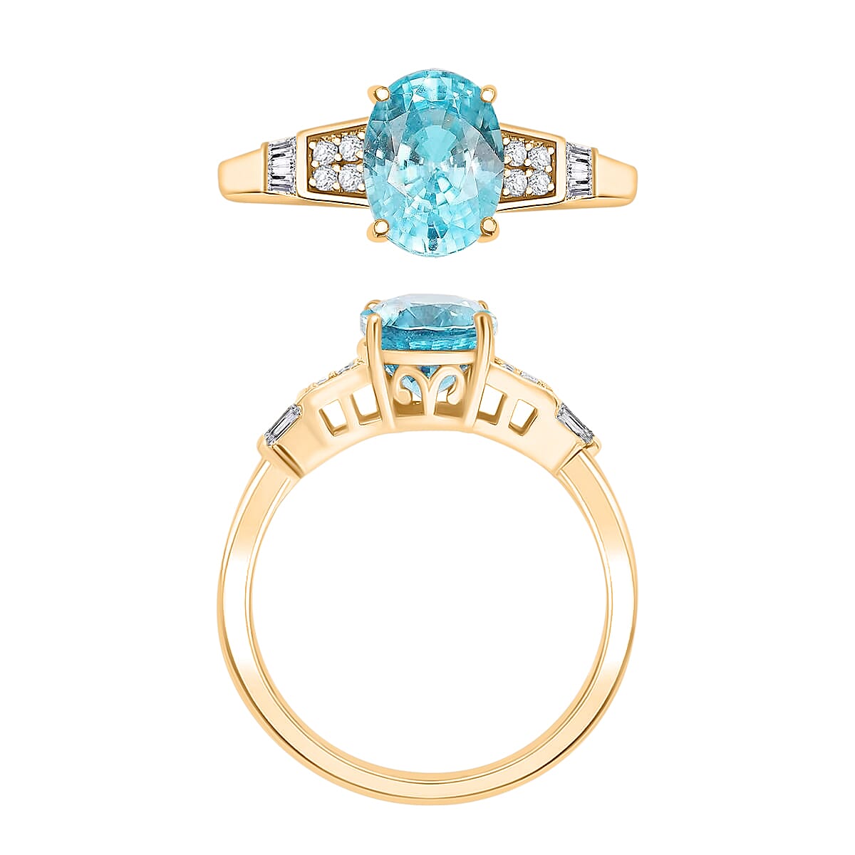 Cambodian Blue Zircon and White Zircon 3.46 ctw Ring in 18K Vermeil Yellow Gold Over Sterling Silver (Size  5.5) (Del. in 10-12 Days) image number 3