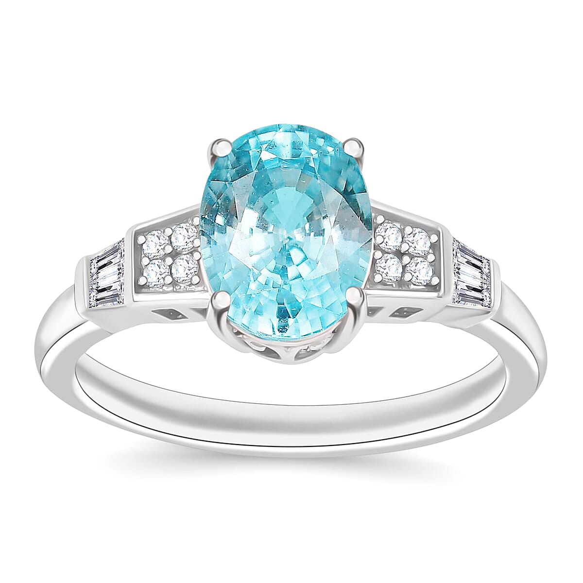 Cambodian Blue Zircon and White Zircon 3.46 ctw Ring in Rhodium Over Sterling Silver (Size  4.5) image number 0