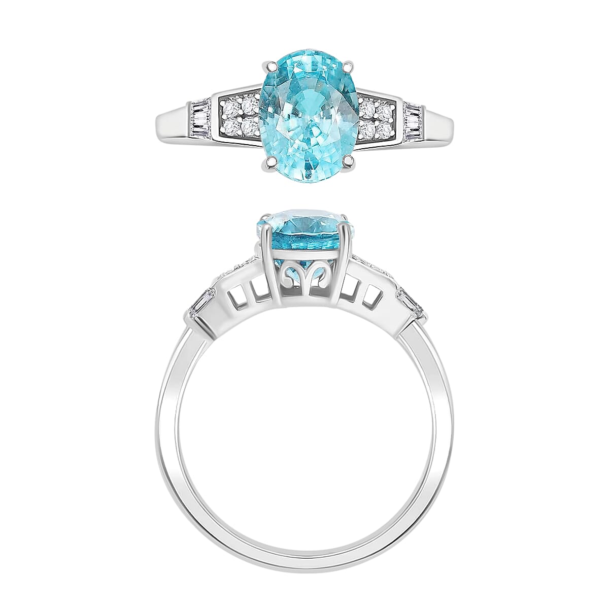 Cambodian Blue Zircon and White Zircon 3.46 ctw Ring in Rhodium Over Sterling Silver (Size  4.5) image number 3