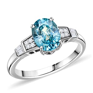 Cambodian Blue Zircon and White Zircon 3.40 ctw Ring in Rhodium Over Sterling Silver (Size 8.0)
