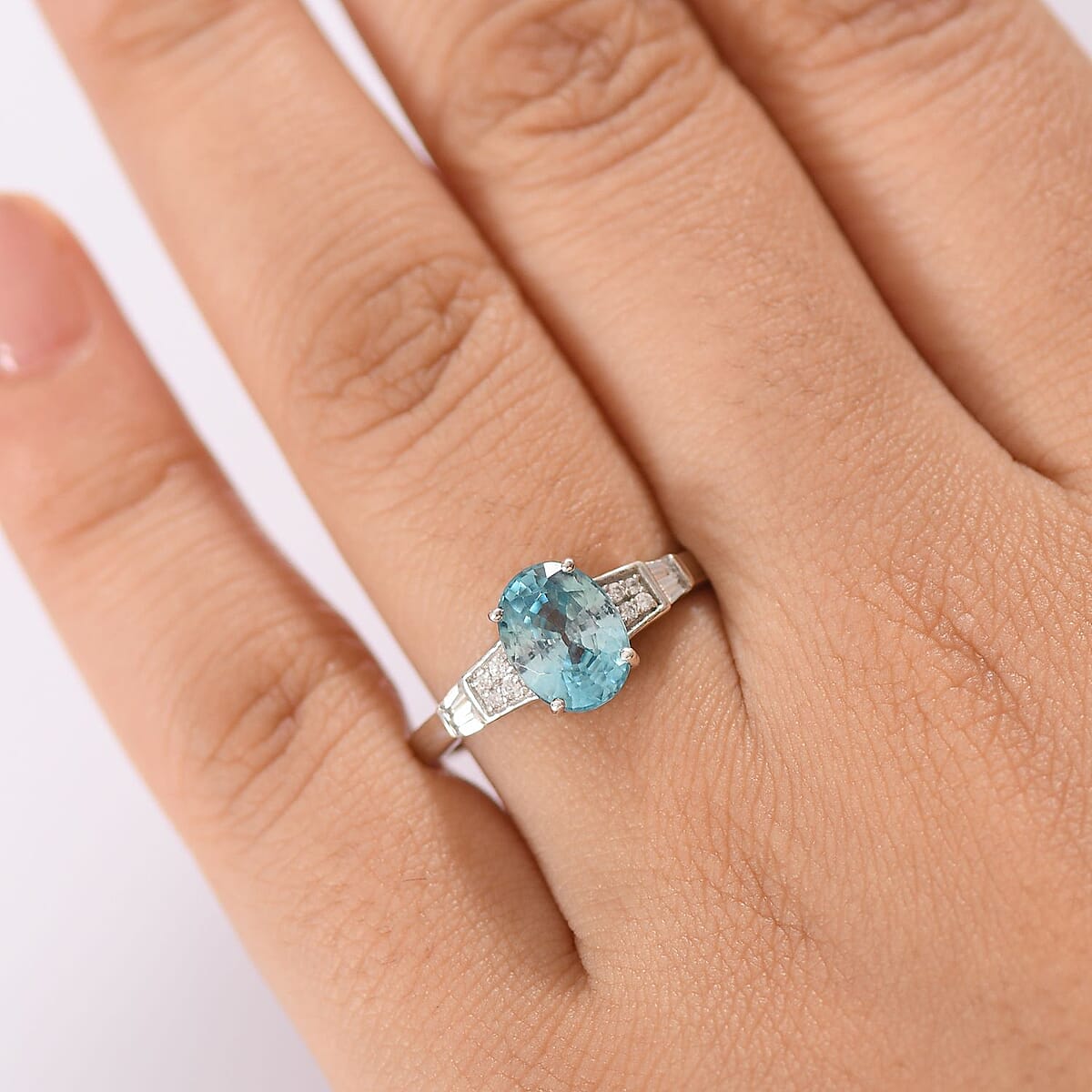 Cambodian Blue Zircon and White Zircon 3.40 ctw Ring in Rhodium Over Sterling Silver (Size 8.0) image number 2