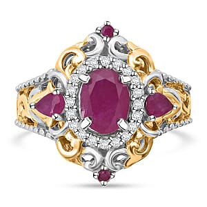 D'Joy Mozambique Ruby and White Zircon 2.25 ctw Blooming Lotus Ring in Vermeil YG and Rhodium Over Sterling Silver (Size 6.0)