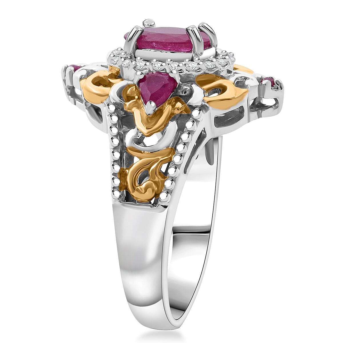 D'Joy Mozambique Ruby and White Zircon 2.25 ctw Blooming Lotus Ring in Vermeil YG and Rhodium Over Sterling Silver (Size 8.0) image number 3