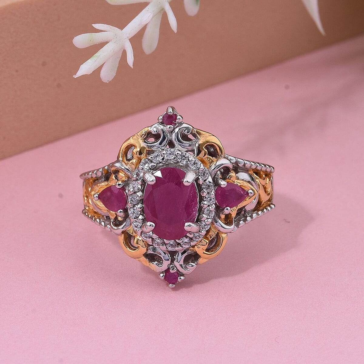 D'Joy Mozambique Ruby and White Zircon 2.25 ctw Blooming Lotus Ring in Vermeil YG and Rhodium Over Sterling Silver (Size 9.0) image number 1