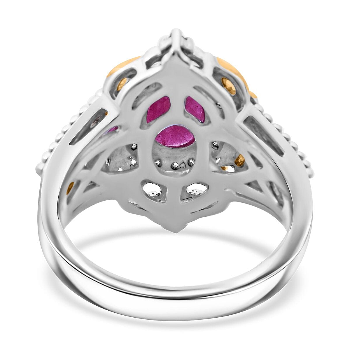 D'Joy Mozambique Ruby and White Zircon 2.25 ctw Blooming Lotus Ring in Vermeil YG and Rhodium Over Sterling Silver (Size 9.0) image number 4
