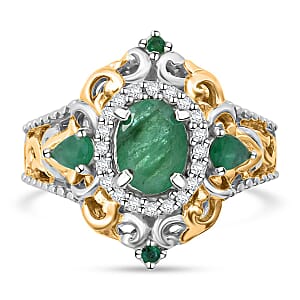 D'Joy Kazem Zambian Emerald and White Zircon 1.70 ctw Blooming Lotus Ring in Vermeil YG and Rhodium Over Sterling Silver (Size 10.0)