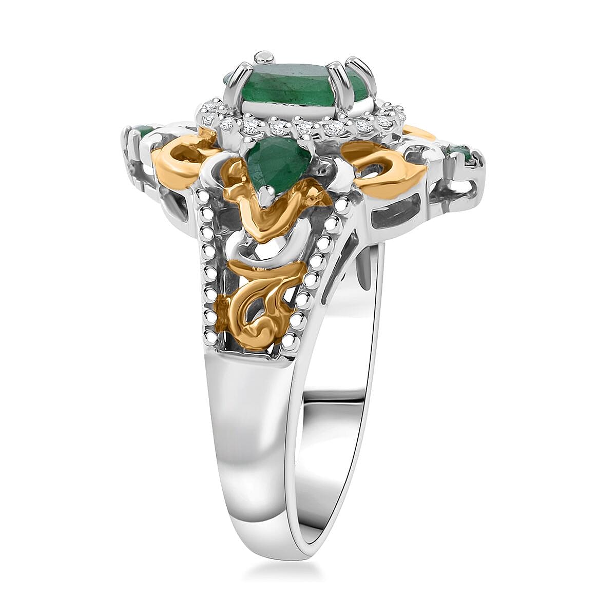 D'Joy Kazem Zambian Emerald and White Zircon 1.70 ctw Blooming Lotus Ring in Vermeil YG and Rhodium Over Sterling Silver (Size 10.0) image number 3