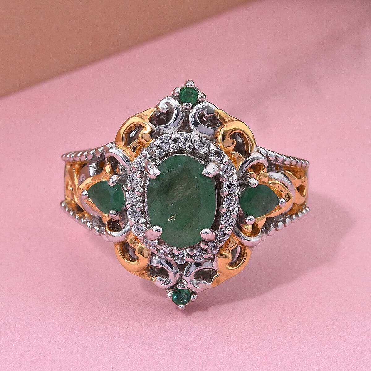 D'Joy Kazem Zambian Emerald and White Zircon 1.70 ctw Blooming Lotus Ring in Vermeil YG and Rhodium Over Sterling Silver (Size 7.0) image number 1