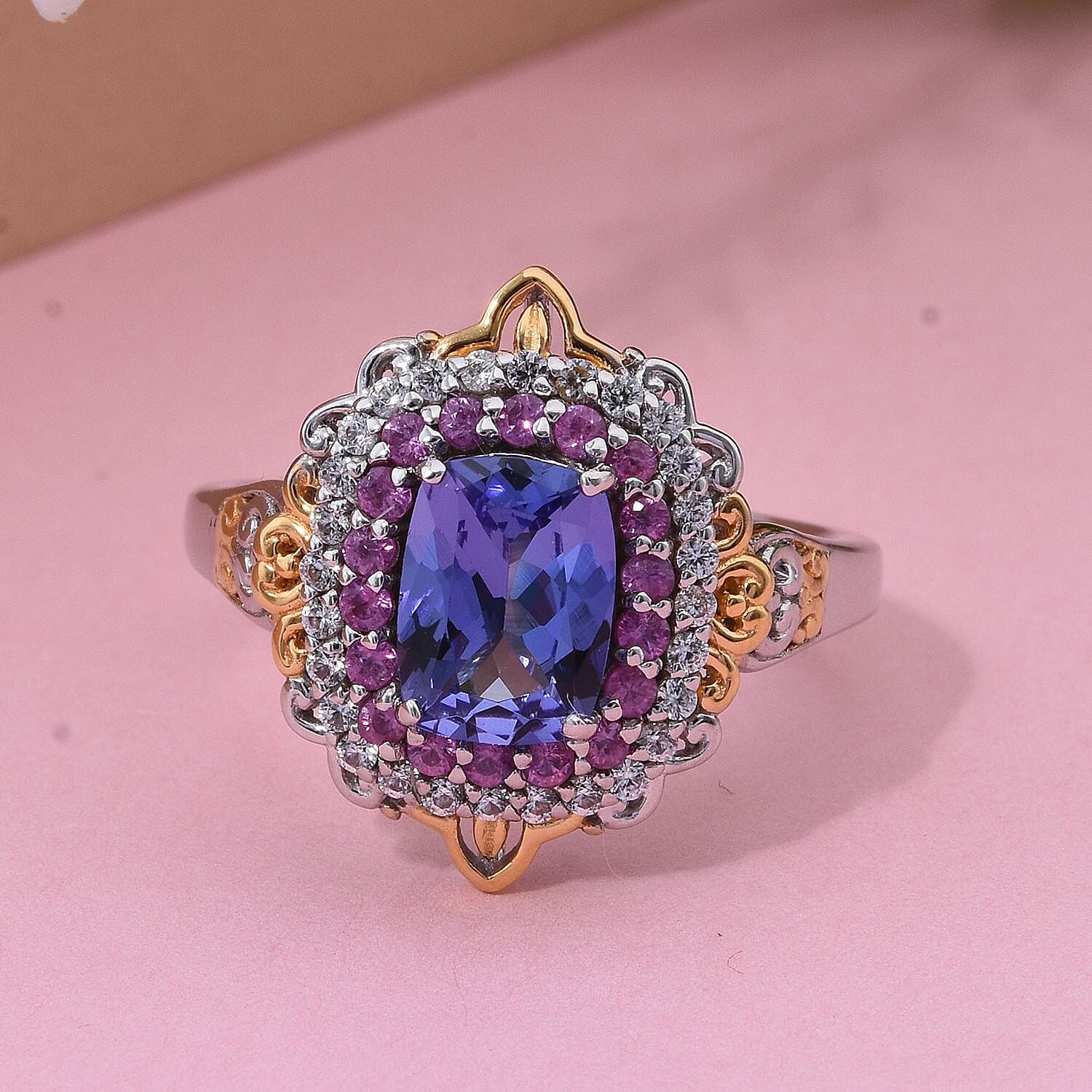 D'Joy Tanzanite and Multi Gemstone 2.15 ctw Celestial Harmony Ring in Vermeil YG and Rhodium Over Sterling Silver (Size 10.0)