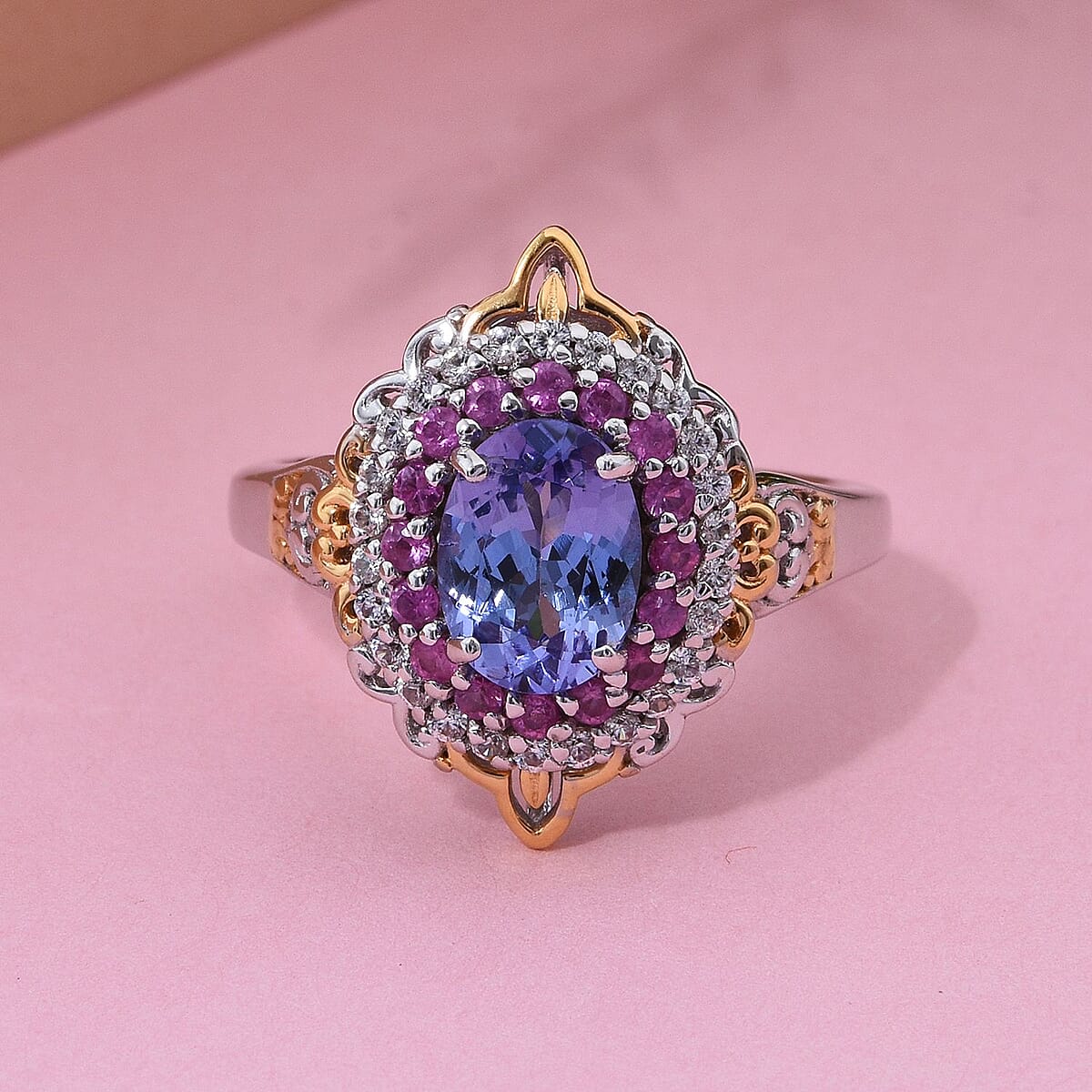 D'Joy Tanzanite and Multi Gemstone 1.90 ctw Celestial Harmony Ring in Vermeil YG and Rhodium Over Sterling Silver (Size 9.0) image number 1