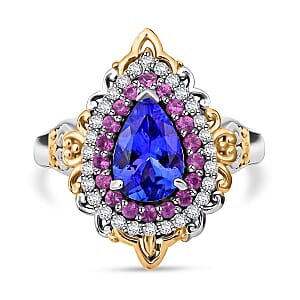 D'Joy Tanzanite and Multi Gemstone 1.90 ctw Celestial Harmony Ring in Vermeil YG and Rhodium Over Sterling Silver (Size 6.0)