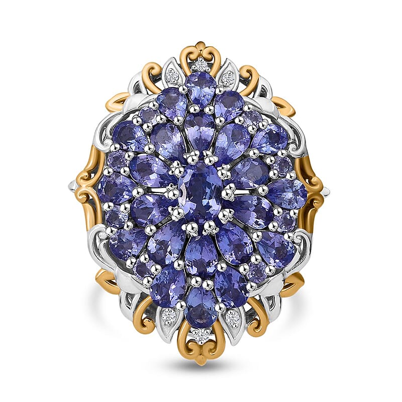 Tanzanite and White Zircon 4.50 ctw Floral Ring in Vermeil YG and Rhodium Over Sterling Silver (Size 10.0)