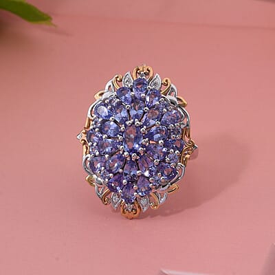 Tanzanite and White Zircon 4.50 ctw Floral Ring in Vermeil YG and Rhodium Over Sterling Silver (Size 10.0)
