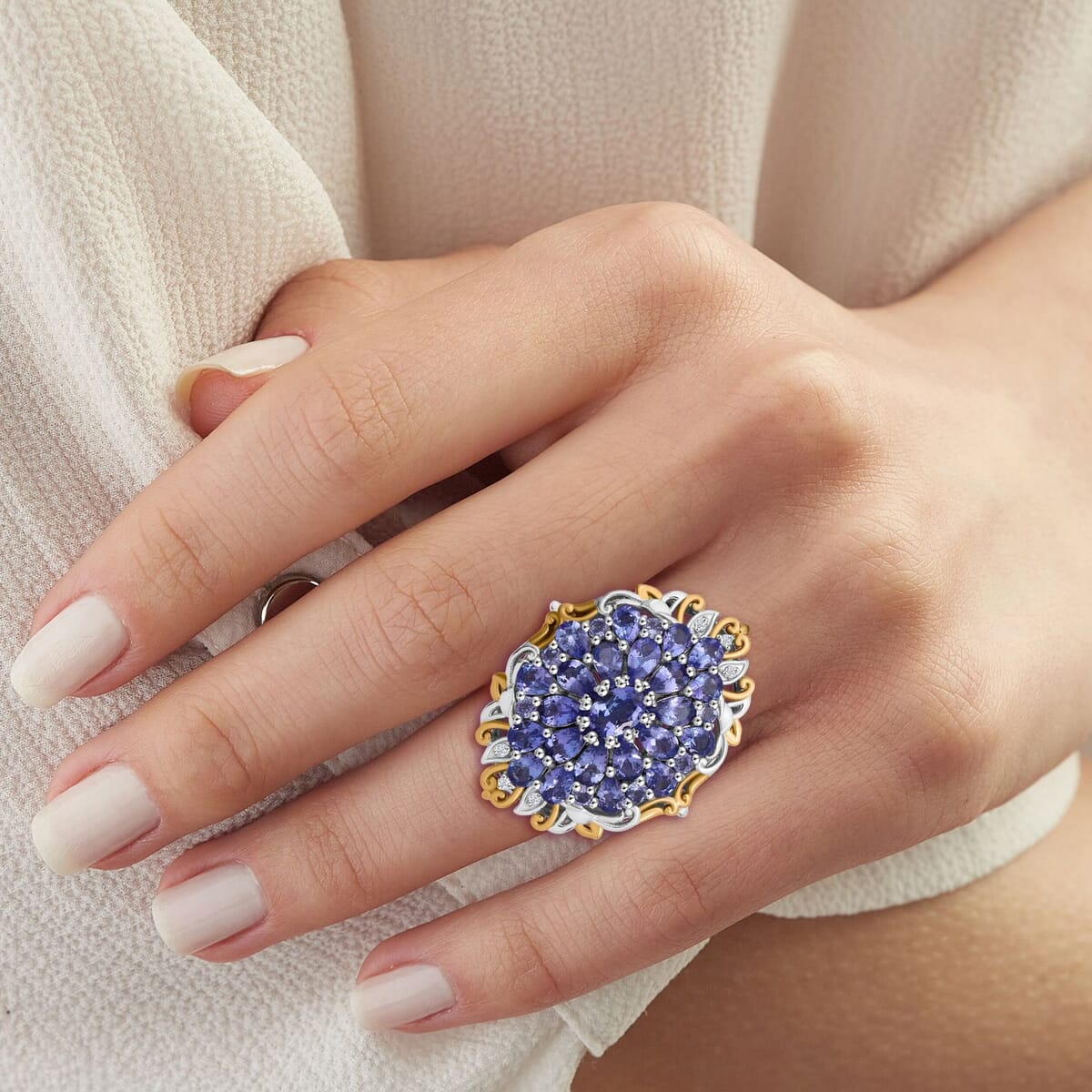 Tanzanite and White Zircon 4.50 ctw Floral Ring in Vermeil YG and Rhodium Over Sterling Silver (Size 10.0) image number 2