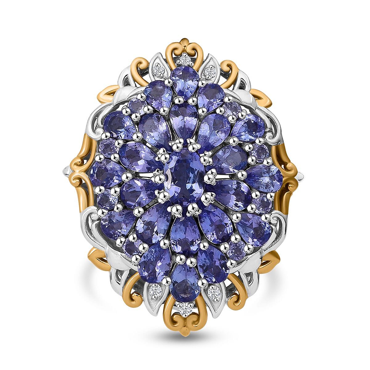 Tanzanite and White Zircon 4.50 ctw Floral Ring in Vermeil YG and Rhodium Over Sterling Silver (Size 7.0) image number 0
