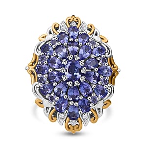 Tanzanite and White Zircon 4.50 ctw Floral Ring in Vermeil YG and Rhodium Over Sterling Silver (Size 7.0)
